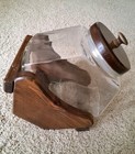 Vtg Large Glass Storage Hexagon Candy Merchant Canister w/Wood Lid & Wood Holder — photo 3
