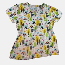 Divine Scrubs Owl Print Scrub Top Womens Large Woodland Trees Cute Nurse Shirt
