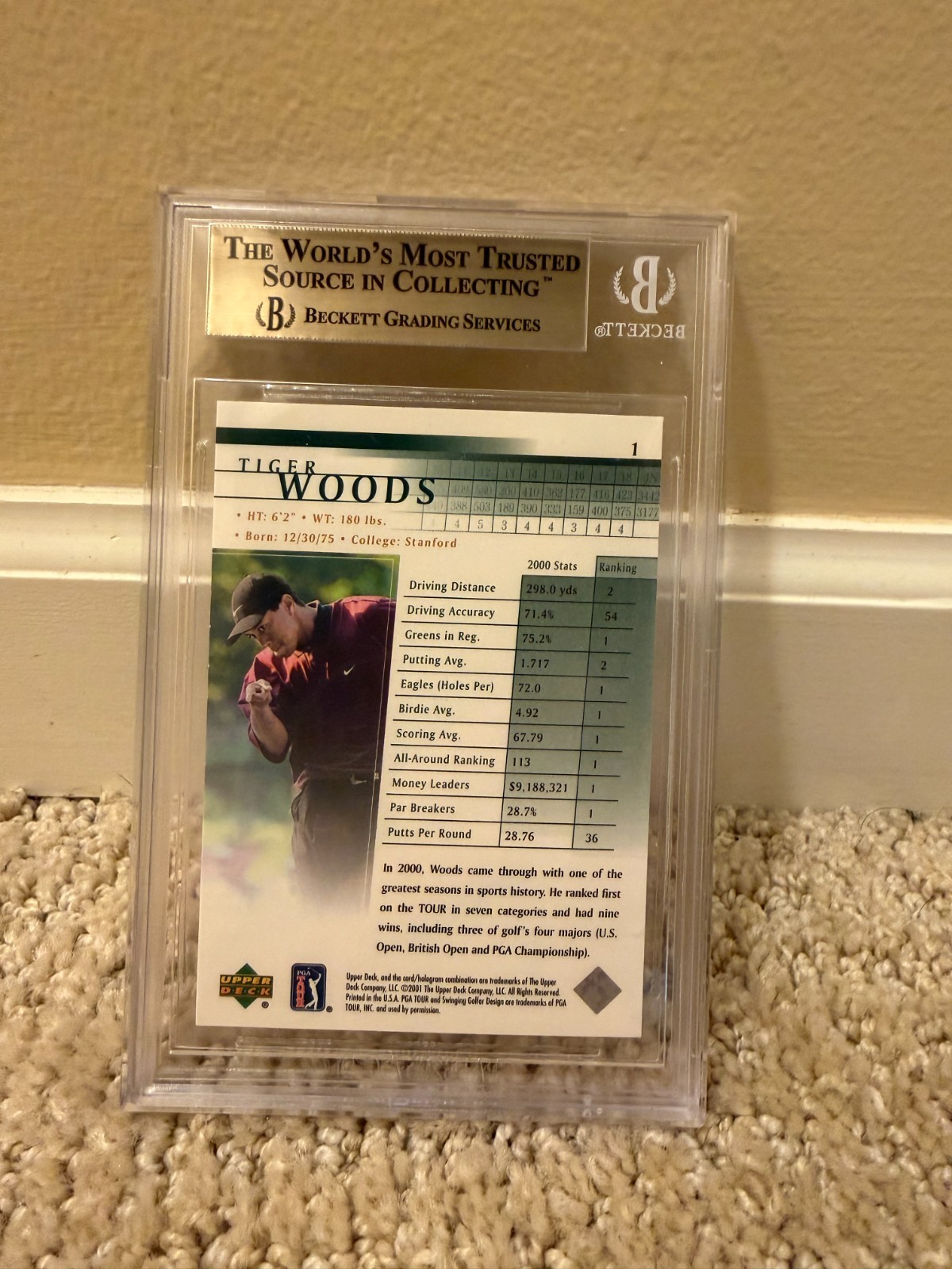 2001 Upper Deck Golf PGA Tiger Woods #1 Rookie RC Card Gem Mint BGS 9.5 view 2
