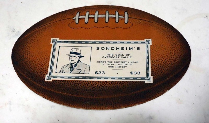 Antique 1910s Die-Cut Football Advertising Blotter Card - Sondheim's Overcoats
