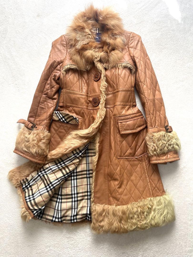 Burberry Blue Label Lamb Leather Fox Fur Trim Coat Size 38 Brown