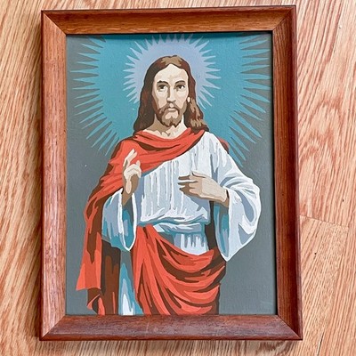 12 x 9 Paint by Numbers Muted Colors Jesus w halo Original Wood Frame Cardboard