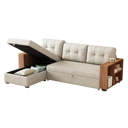 Upholstered pull-out sectional sofa with storage chair, convertible corner sofa - Picture 3 of 4