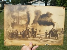 Antique c. 1890s Large Photo of Multiple Fire Pumpers 1 Marked '10' Fire Fighter