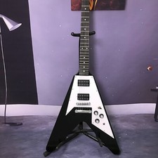 Vendita calda chitarra elettrica personalizzata Factory Flying V colore nero intarsio a punti in magazzino
