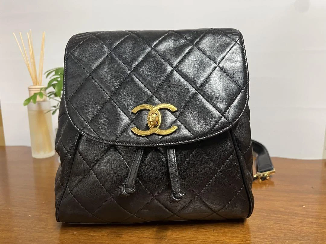 CHANEL Quilted Coco Mark Backpack Chain Shoulder Black Leather CC Logo  Women's