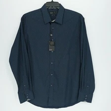 Quieti Men's Long-Sleeve Shirt XL Navy Green Geo Print Cotton Lyocell NWT $125