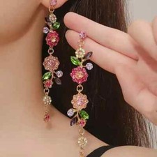 Colorful Boho Shiny Rhinestone Exquisite Flower Design Dangle Drop Earrings