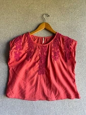 Free People Top Womens M Pink Rose Embroidered Boxy Cropped Boho