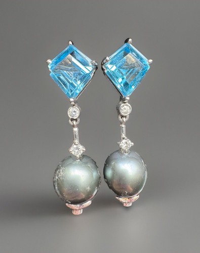 Natural 14K White Gold Topaz Diamond 10.7MMBlack South Sear Pearl Earrings Studs - Bild 1 von 14