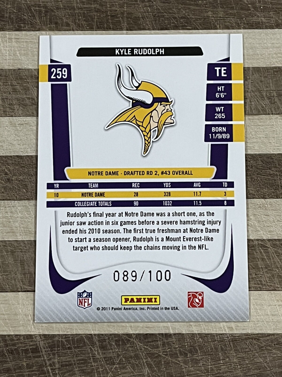 Kyle Rudolph Rookie Card 2011 Panini Prestige - Rookie Kyle Rudolph #259 Xtra Points Red /100 ...