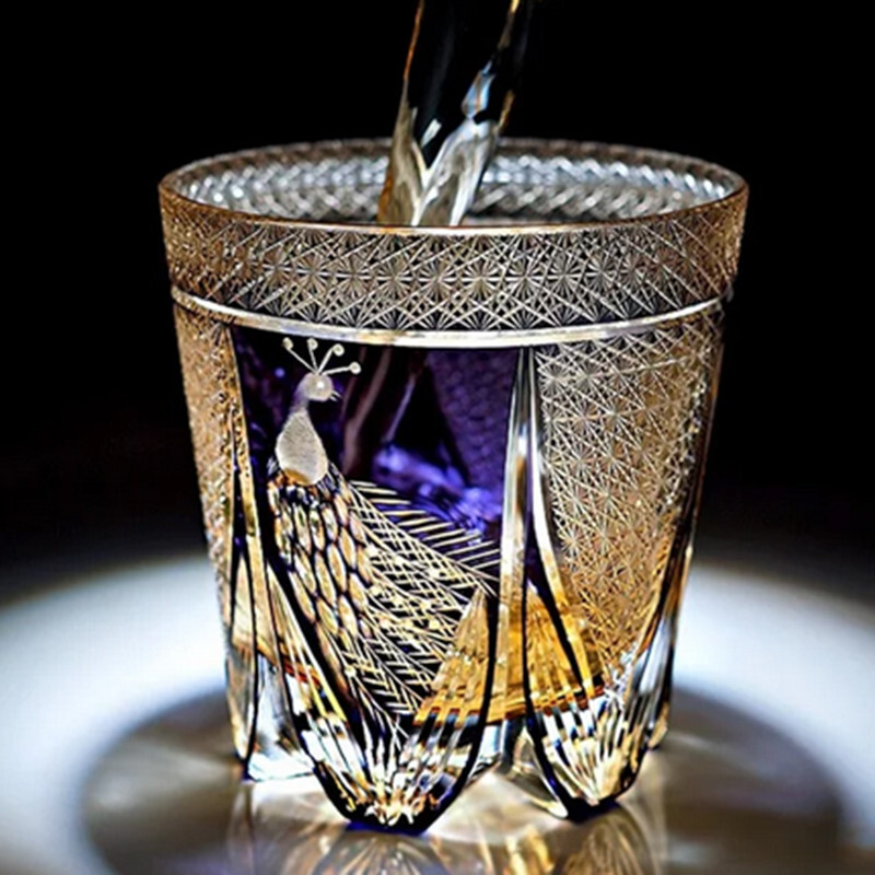 Hand Carved Purple Peacock Whisky Glasses Edo Kiriko Glass Collection Best Gift