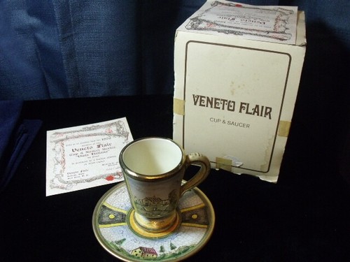 Veneto Flair cup & saucer hand etched and painted in Italy, signed,c1980 #23 - 第 1/7 張圖片