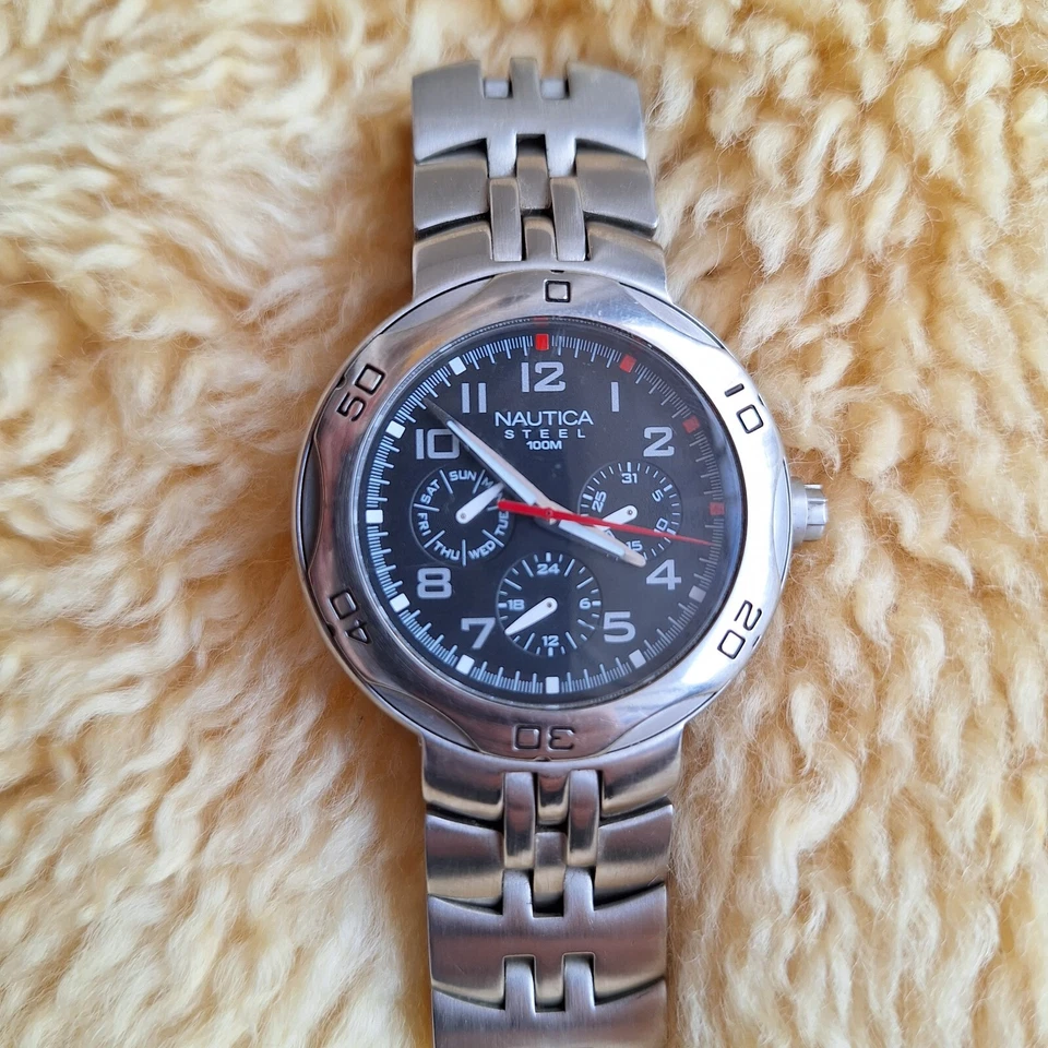 Reloj Nautica Hombre Acero 100m Resistente al Agua Vintage Japón Movimiento Cronógrafo Foto 2 de 4