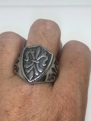 Vintage Gothic Silver Stainless Steel Fleur De Lis Mens Ring