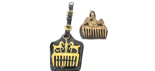2 Horse Combs Solid Brass Stitched on Leather Circa 1930 Horses and Eagle Excellent 34x14