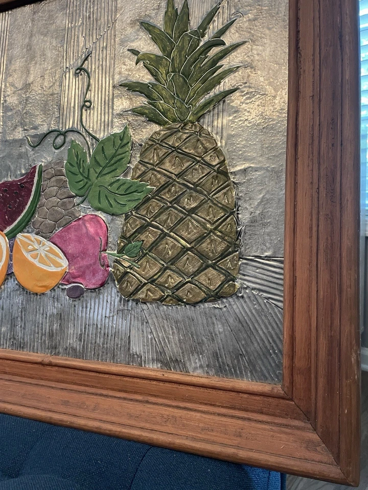Original OIL Painting on TIN Etched FRUIT STILL LIFE Ornate Wooden Frame - Image 3 of 4