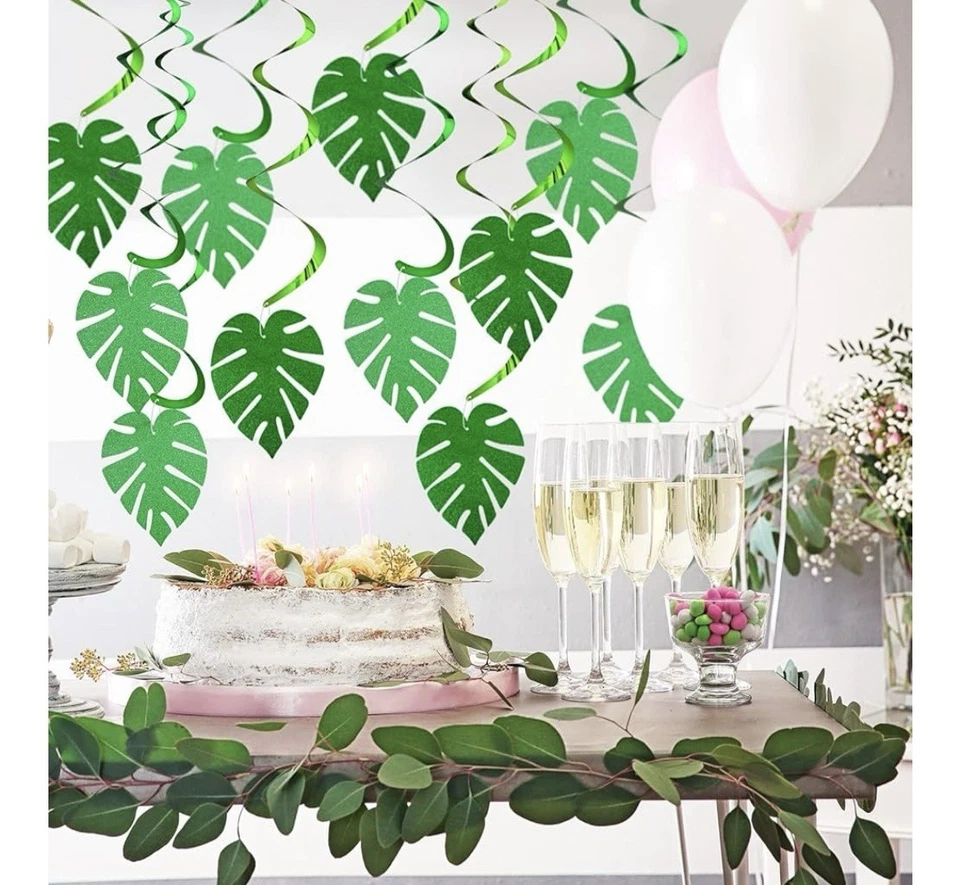 32 piezas decoraciones de fiesta hawaianas Luau hojas de palma y remolinos verdes Foto 2 de 4