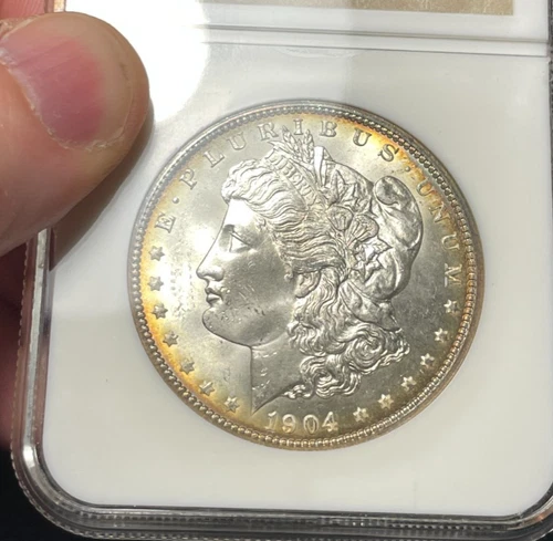 Morgan Dollar:  1904 O.  NGC MS 65.  Rim toning.  Frosty!   (see video!)