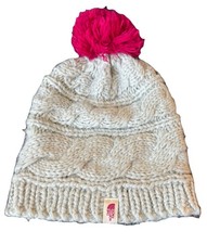 The North Face Womens Grey Cable Knit Pom Beanie Hat Pink Pom-Pom Winter Cap