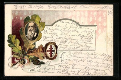 Embossed postcard Gymnastics Father Jahn in portrait with oak leaves, keep faithful to gymnastics! 
