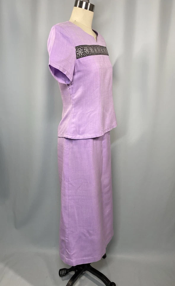 Vestido Vintage TALLA PEQUEÑA Púrpura Borda Clásica Top Falda HECHO A MANO Foto 4 de 4