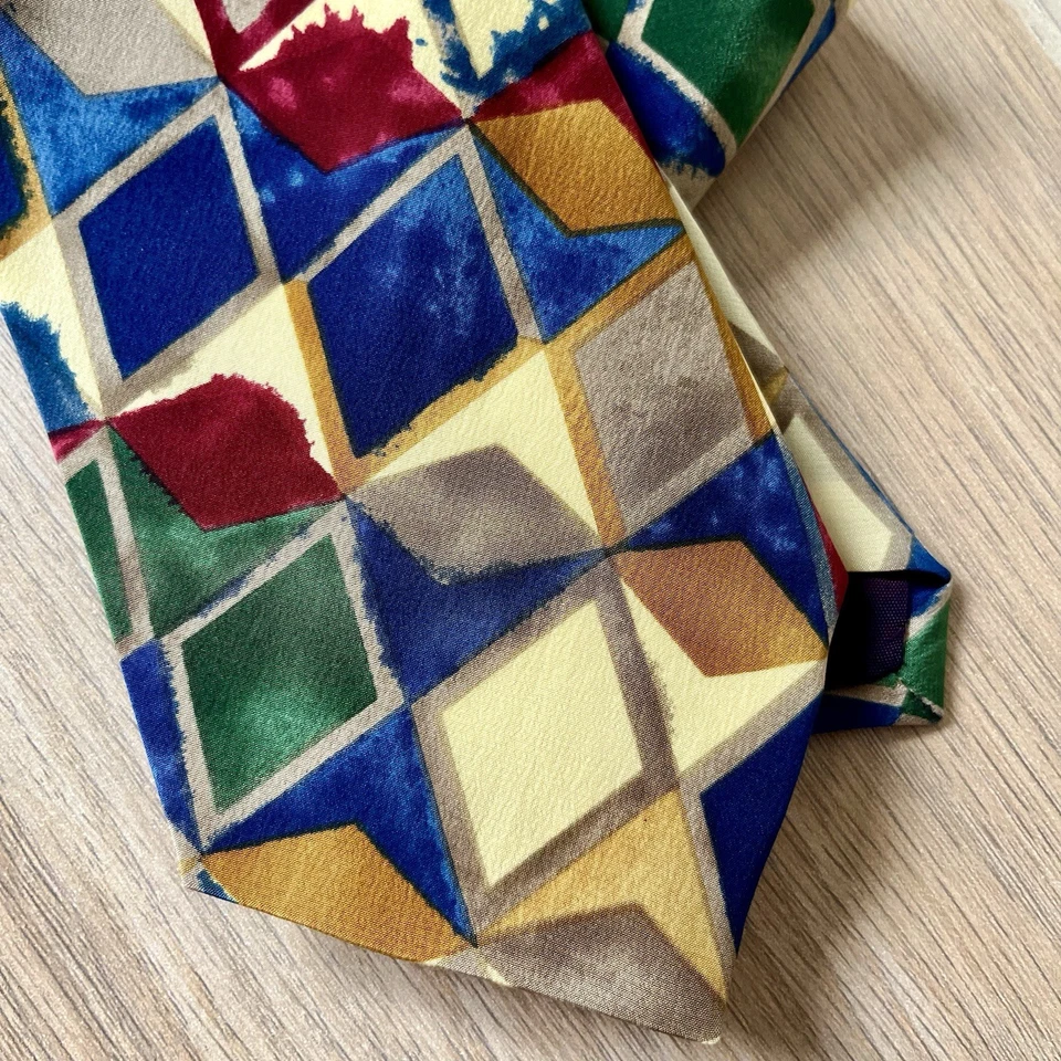 Men's Silk Tie Geometric Multicolor Metallic Watercolour NeckTie W Gold Plate - Imagem 3 de 4
