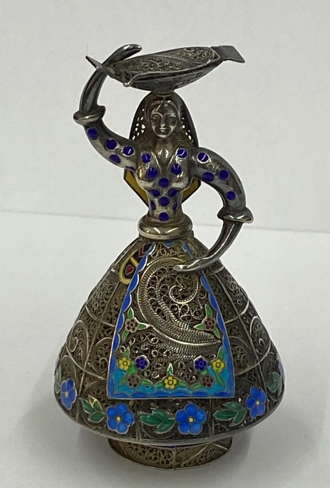 Старинный португальский серебряный филигранный и эмали леди фигурка 19-го века 6,8 см - Изображение 2 из 4