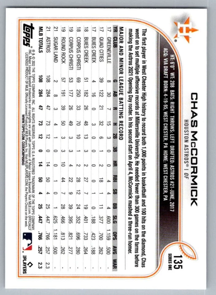 2022 Topps Chas McCormick Rookie Houston Astros #135 - Image 2 of 2
