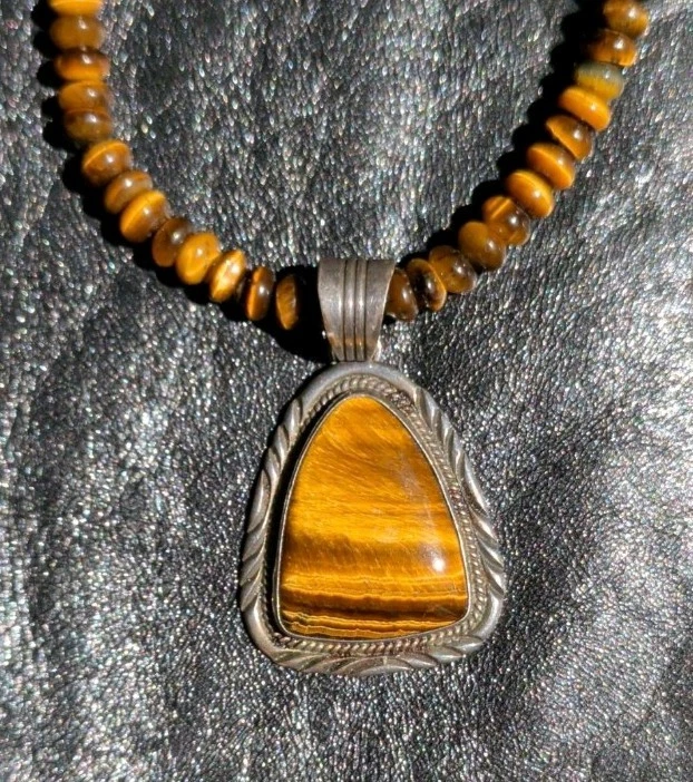 手工老虎眼纯银项链带吊坠 18 英寸长 — 第 2/3 张图片