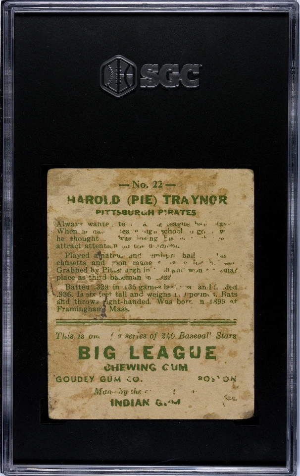 1933 Goudey #22 Pie Traynor SGC Authentic – HOF Pittsburgh Pirates – Rare Early - Image 2 of 2