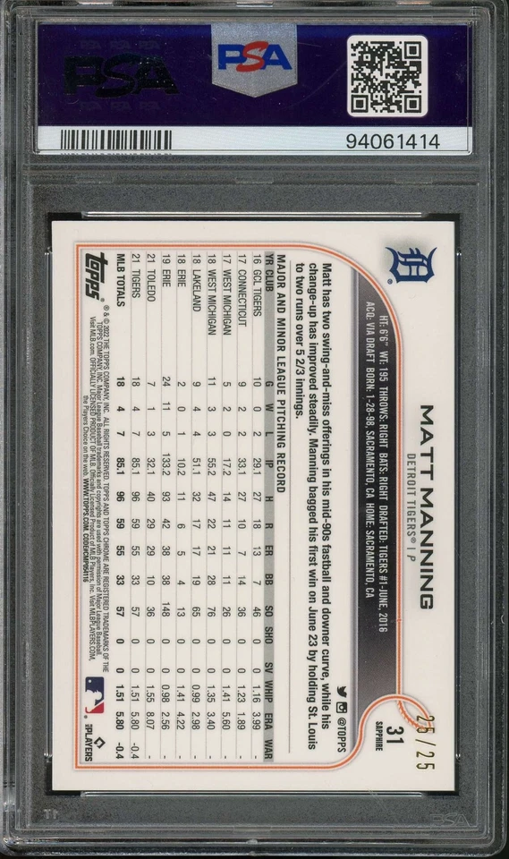 2022 Topps Chrome Sapphire Edition #31 Matt Manning Orange PSA 10 #/25 - Image 2 of 2