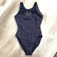 Vintage 90s Navy Jersey Lace Neck High Cut Swimsuit Bodysuit Medium