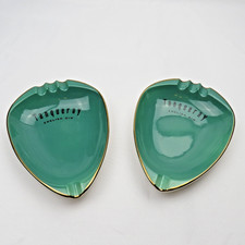Pair Vintage Carlton Ware Tanqueray English Gin Ashtrays Green Gold Rim England