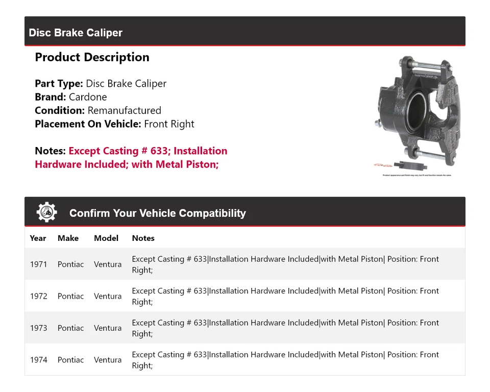 Pinza de freno de disco delantera derecha cardone 1972 1973 para Pontiac Ventura 1971-1974 Foto 2 de 4