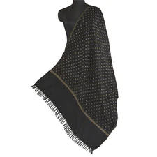Sanskriti Vintage Long Pure Woolen Black Shawl Handmade Suzani Scarf Stole