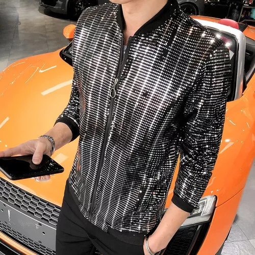 New Men Zipper Coat Sequin Bomber Jacket Men's Shiny Sequins Long Sleeves - Picture 6 of 12