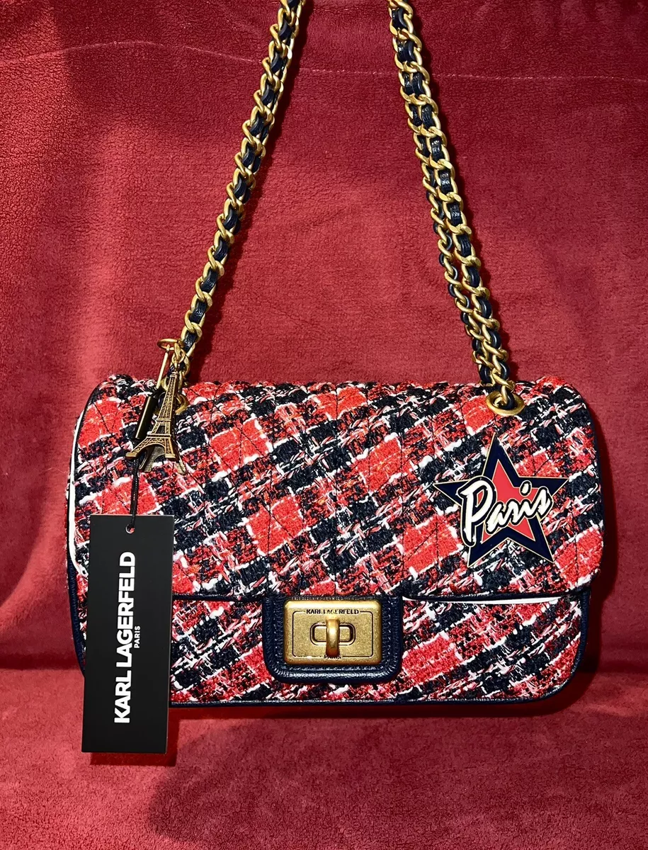 KARL LAGERFELD PARIS Agyness Tweed Turnlock Flap Shoulder Bag Red Navy BRAND NEW
