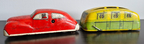 Seltenes Mettoy Playcraft Weißblech Auto & Wohnwagen | Aufziehmechanismus - Bild 1 von 12