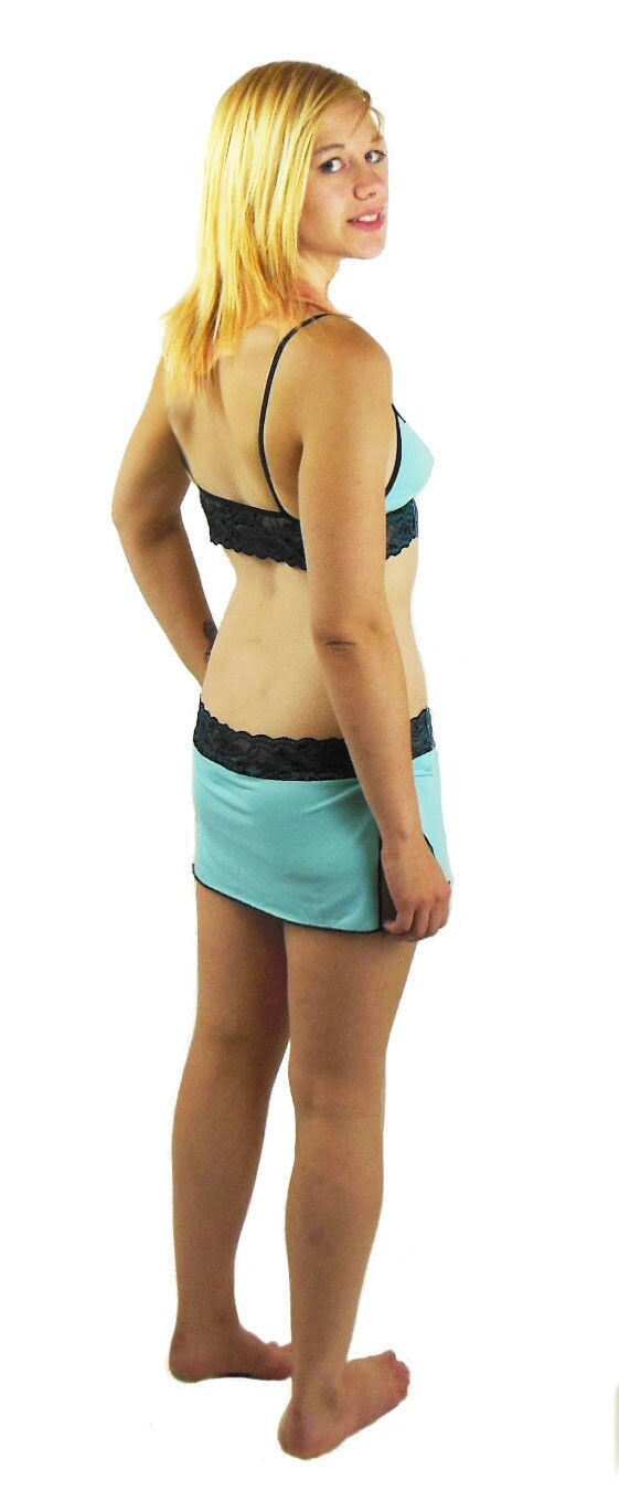 Espiral Top and Skirt with attached Panties Style #220 - Large - Aqua/Black