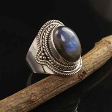 Natural Blue Fire Labradorite Ring 925 Sterling Silver Vintage Ring Women's Ring