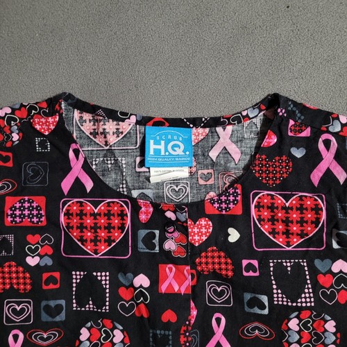 H.Q. SCRUB TOP Women's Black & Pink Breast Cancer Ribbons & Hearts Size MEDIUM - Picture 5 of 6