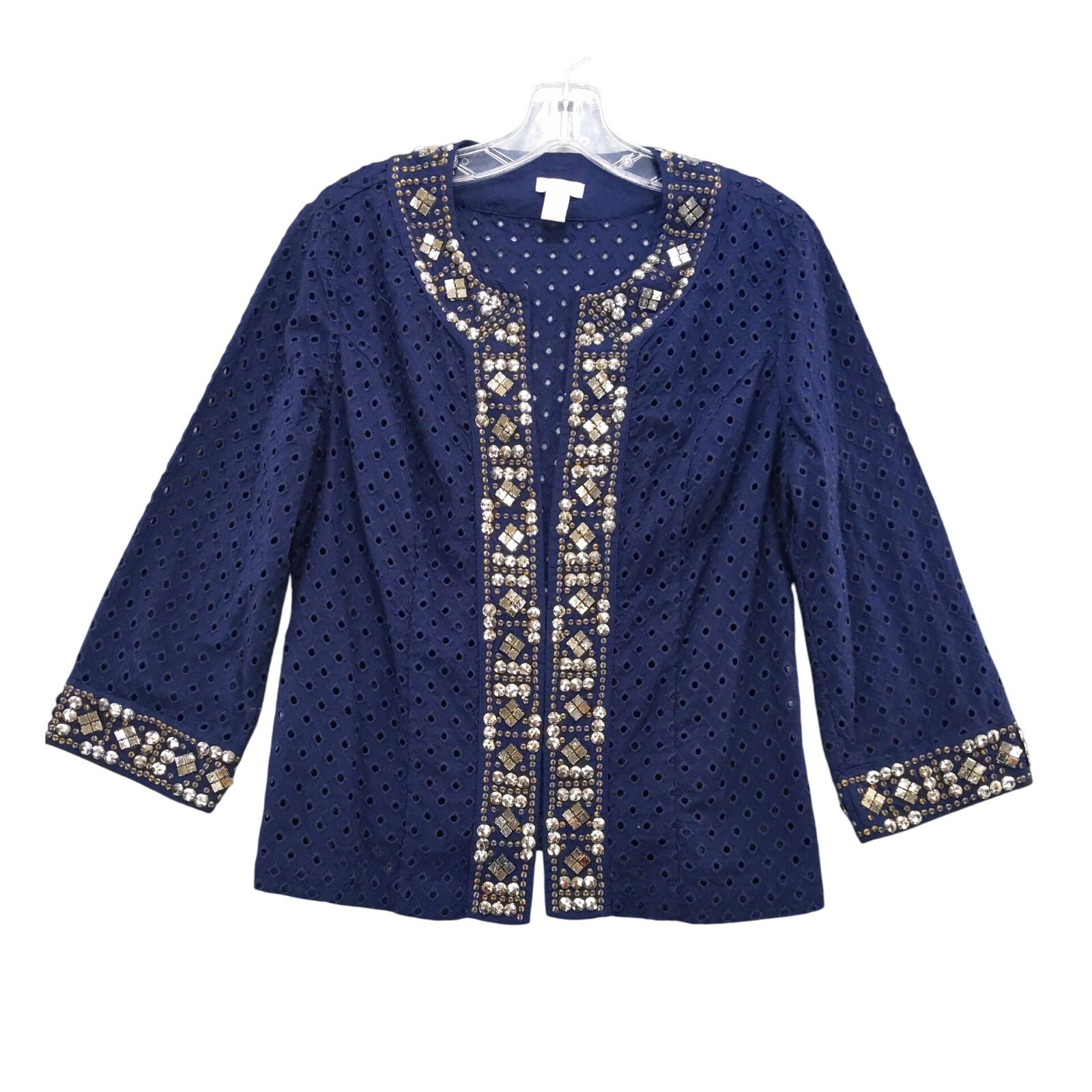 Chico's Embellished Eyelet Jacket Beaded Accent Open Front Blue Size 0