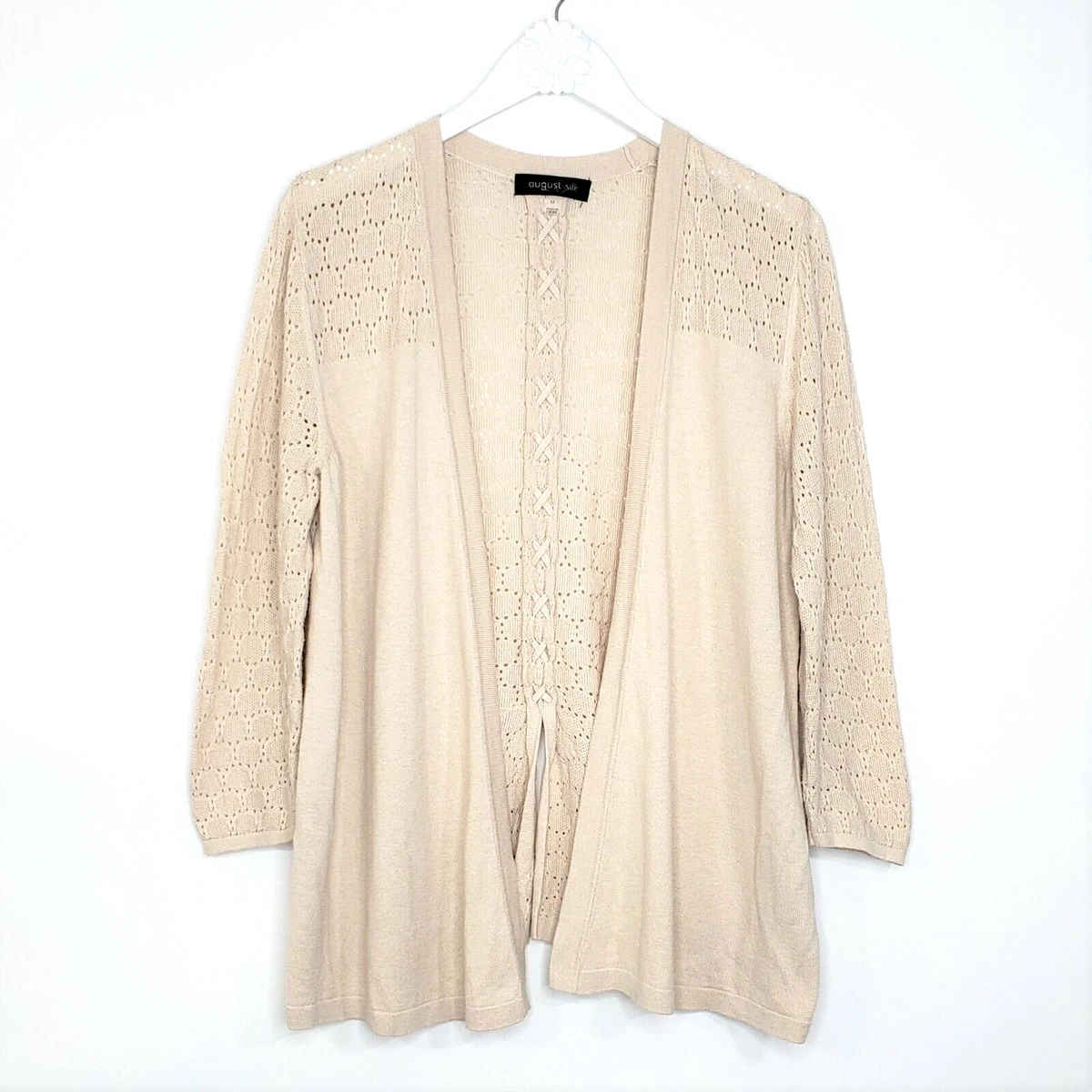 August Silk Cardigan Sweater Womens Medium Cream Open Front Lace Up Back Crochet