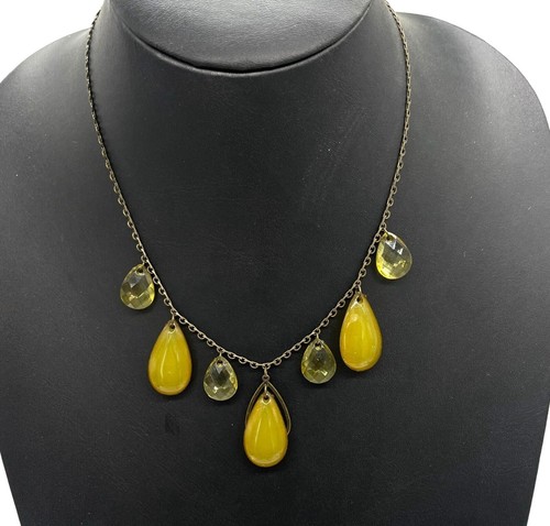 Yellow Crystal Teardrop Chain Statement Necklace Gold Tone Vacation