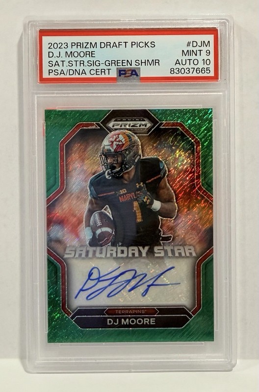2023 Panini Prizm Draft Picks D.J. Moore Green Shimmer /8 PSA 9 Auto 10
