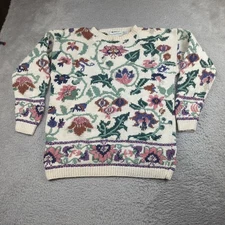 Vintage Sweater Womens Small White Floral Heavy Hand Knit Paris Sport Club