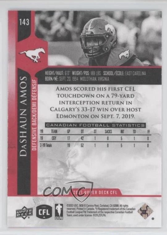 2021 Upper Deck CFL Red /165 DaShaun Amos #143 - Image 2 of 2