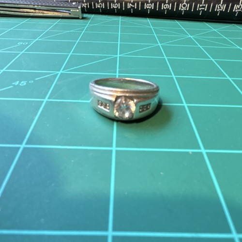 Silver Men's Band Ring with Geometric Accents and Clear Center Stone, Size 10