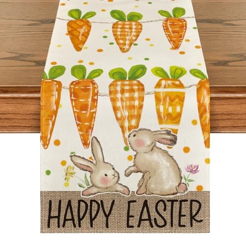 Carrot Bunny Rabbit Happy Easter Table Runner,Seasonal Spring Flowers Kitchen - Picture 1 of 6